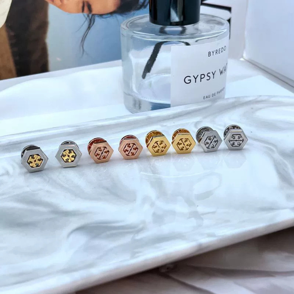 Tory Burch Hexagon Hollow Letter Metal Stud Earrings